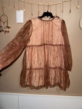 SHEIN Pink and Brown Floral Tiered Long Sleeve Dress